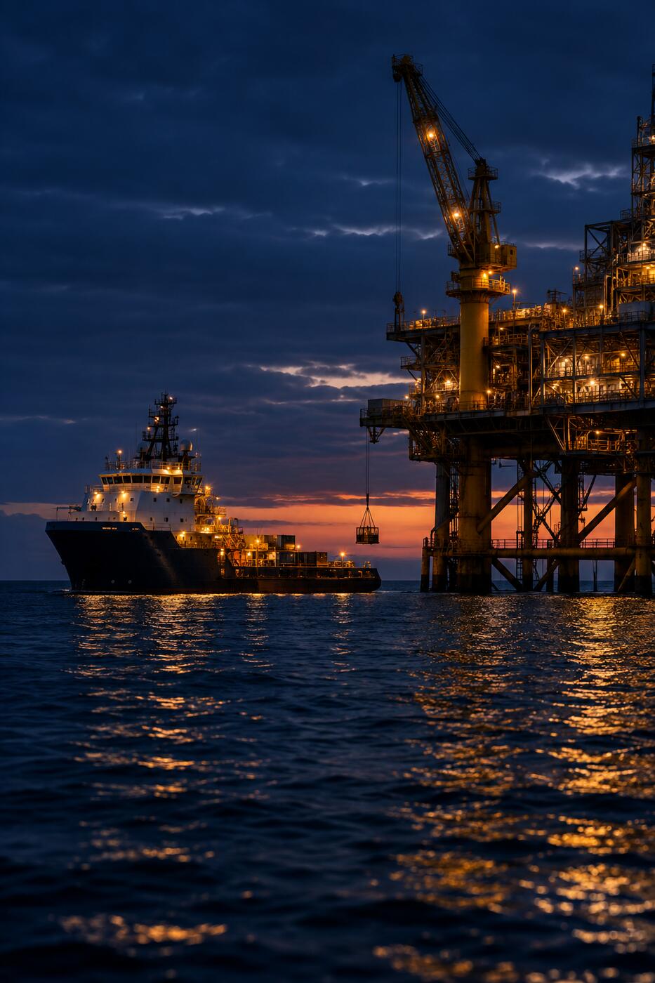 Offshore supply vessel beside a platform at dusk