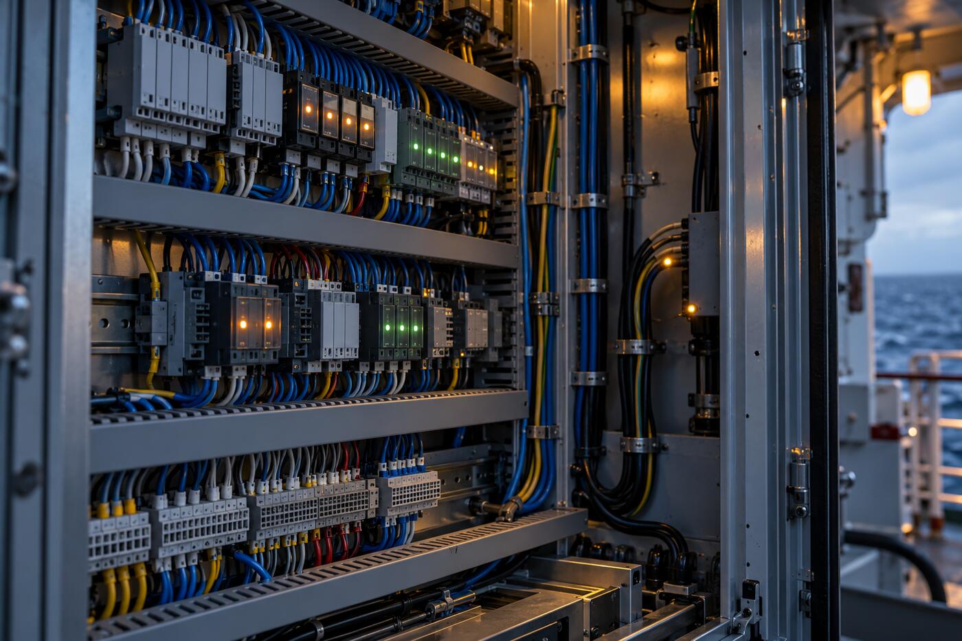 Open control cabinet with relays and tidy wiring