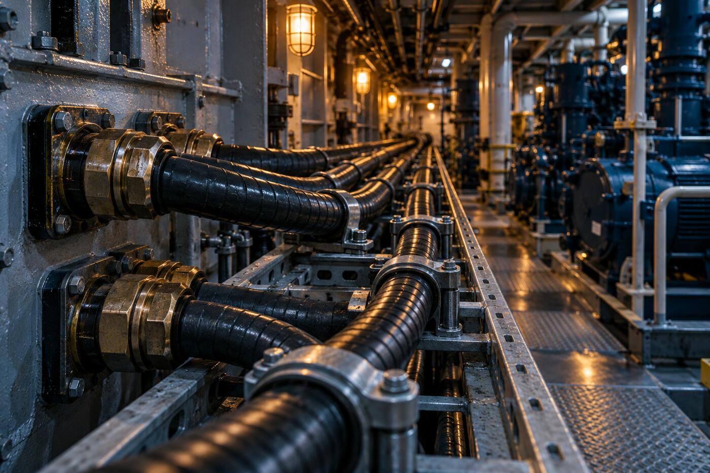 Armoured marine cables along a cable tray