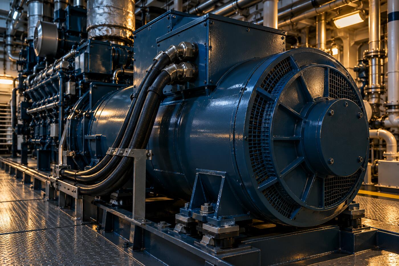 Marine generator alternator in an engine room